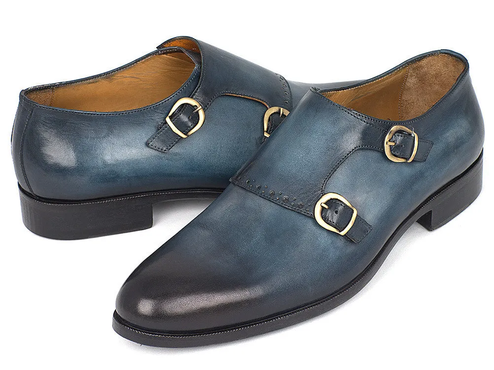 Paul Parkman Chaussures Paul Parkman Bottines Double Monastique en Cuir Peint à la Main en Bleu Marine