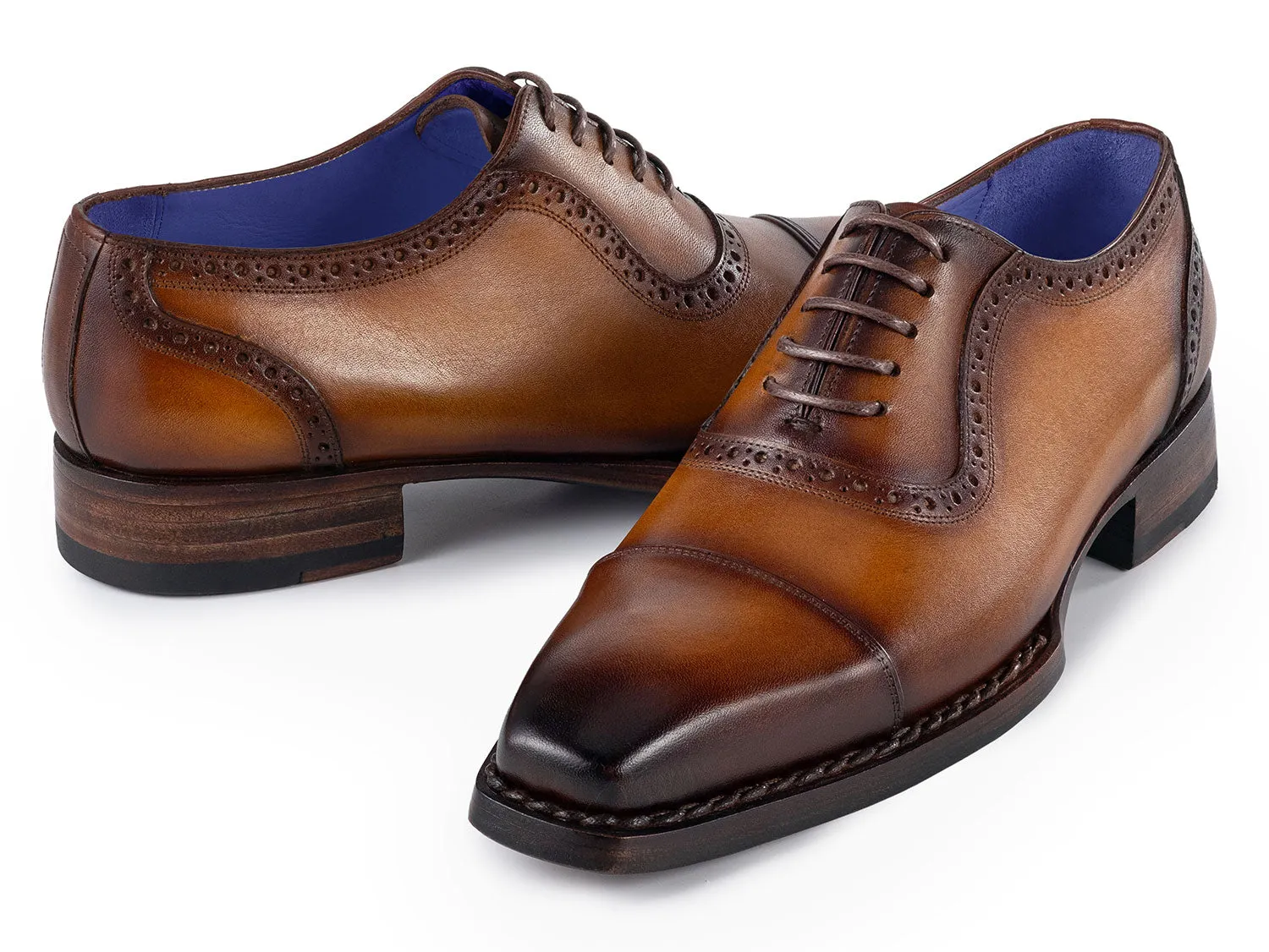 Paul Parkman Chaussures Paul Parkman Oxfords à bout capitonné patiné Goodyear Welted pour hommes en marron camel