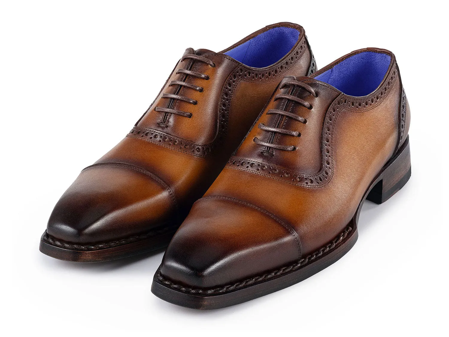 Paul Parkman Chaussures Paul Parkman Oxfords à bout capitonné patiné Goodyear Welted pour hommes en marron camel