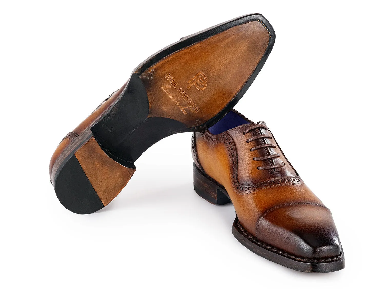 Paul Parkman Chaussures Paul Parkman Oxfords à bout capitonné patiné Goodyear Welted pour hommes en marron camel