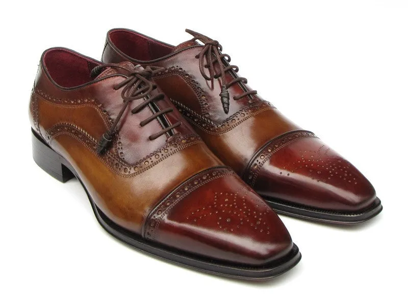 Paul Parkman Chaussures Paul Parkman Oxfords à bout capuchon en cuir peint à la main pour hommes en camel et rouge