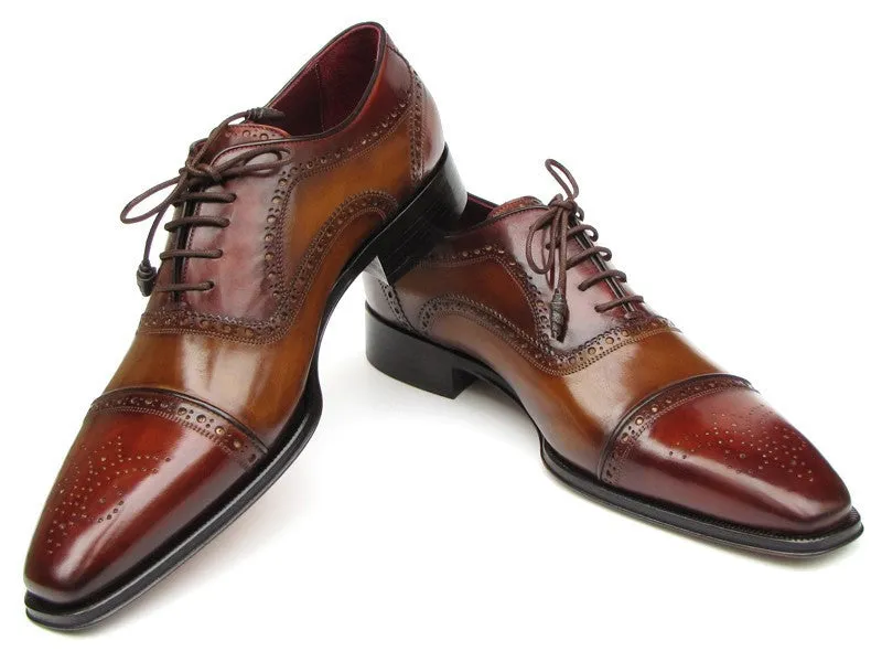 Paul Parkman Chaussures Paul Parkman Oxfords à bout capuchon en cuir peint à la main pour hommes en camel et rouge