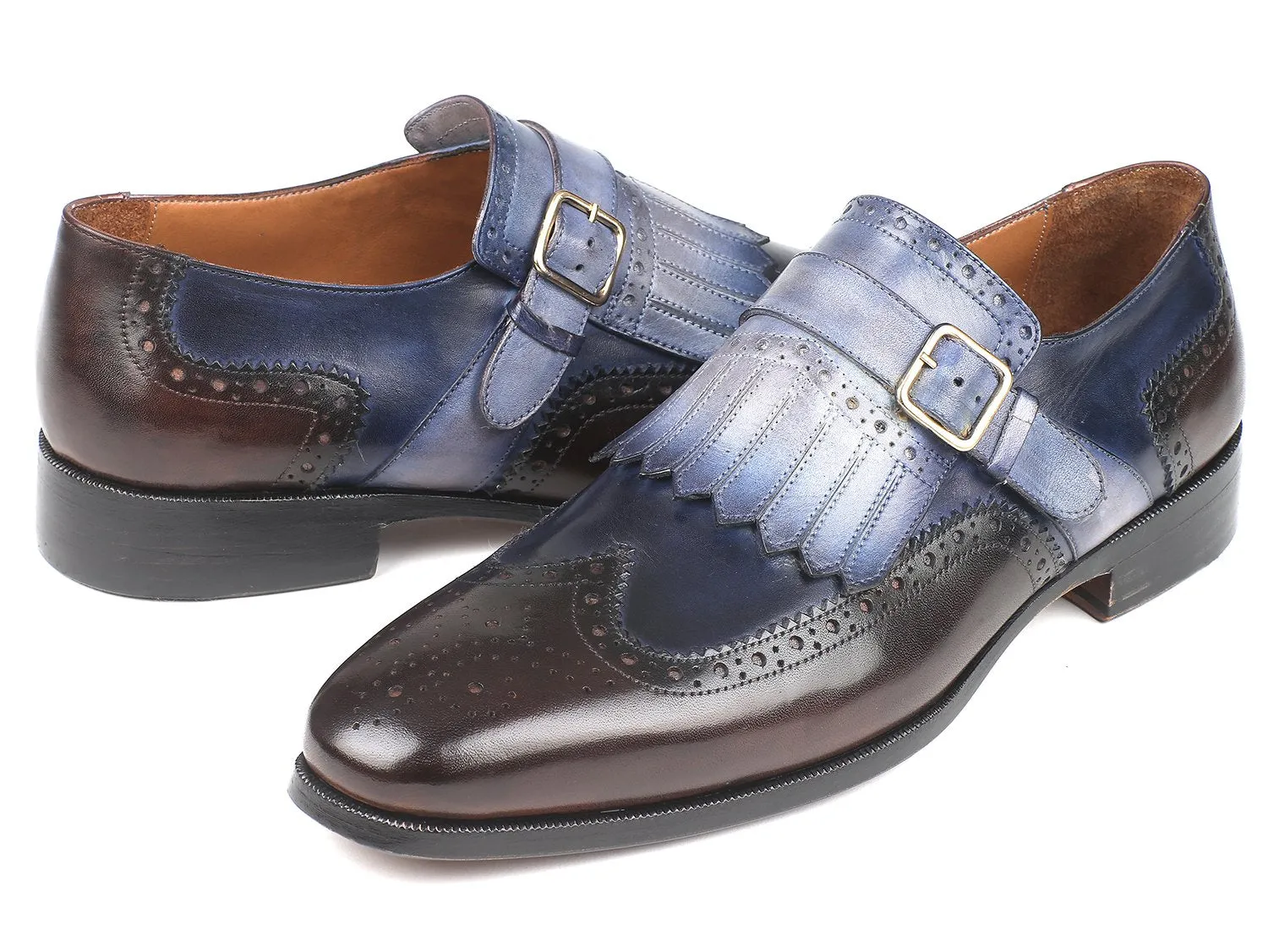 Paul Parkman Chaussures Paul Parkman Monkstraps à Boucle Kiltie pour Hommes en Bleu et Marron