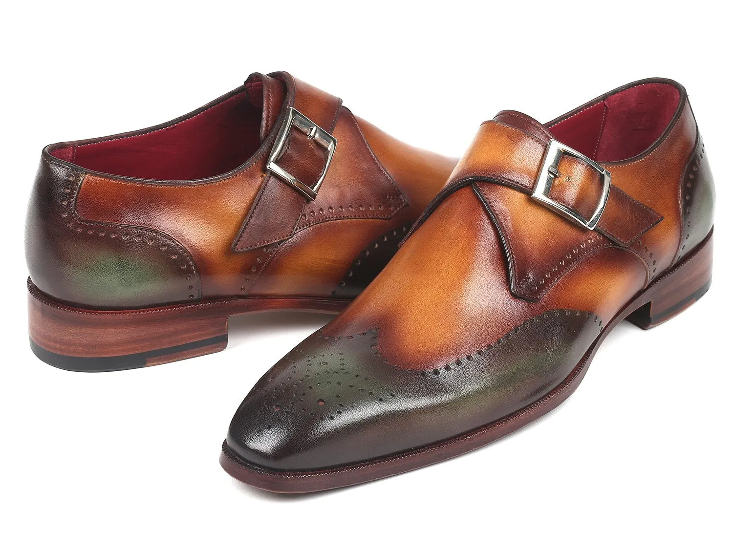 Paul Parkman Chaussures Paul Parkman Monkstraps simple pour hommes en vert et camel