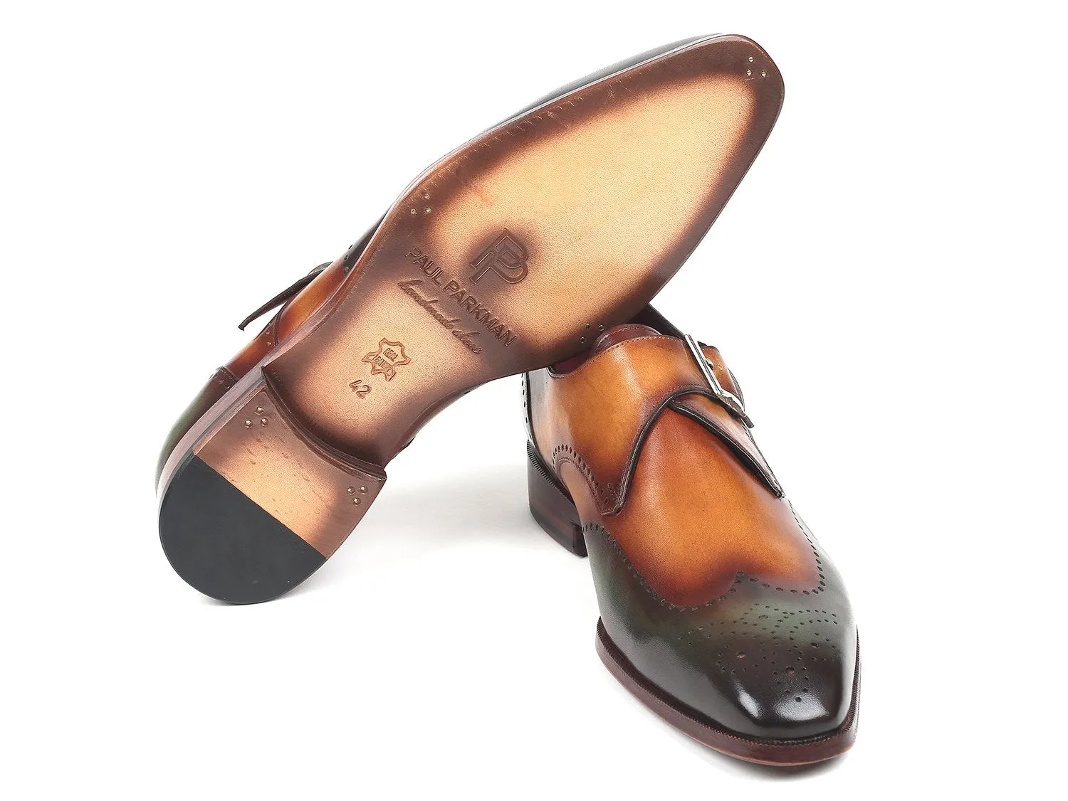 Paul Parkman Chaussures Paul Parkman Monkstraps simple pour hommes en vert et camel