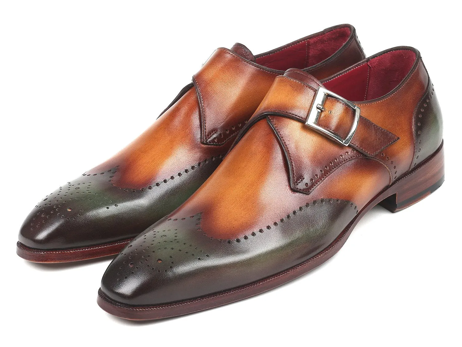 Paul Parkman Chaussures Paul Parkman Monkstraps simple pour hommes en vert et camel