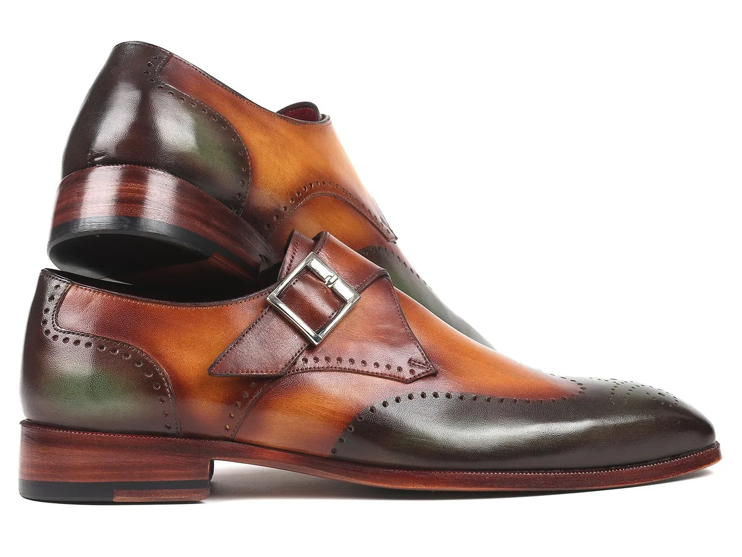 Paul Parkman Chaussures Paul Parkman Monkstraps simple pour hommes en vert et camel