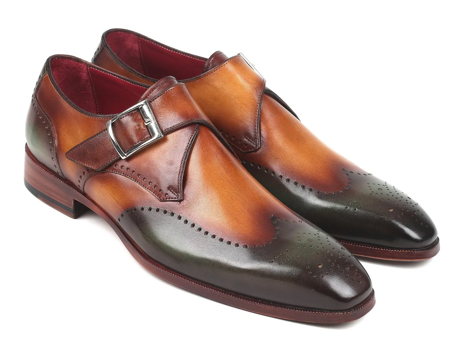 Paul Parkman Chaussures Paul Parkman Monkstraps simple pour hommes en vert et camel