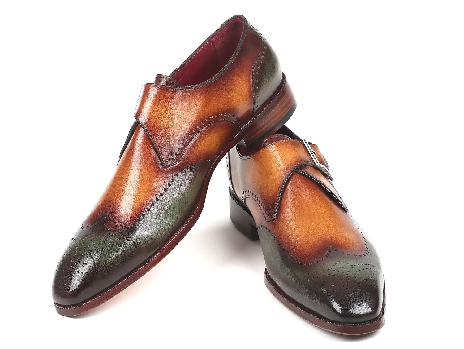 Paul Parkman Chaussures Paul Parkman Monkstraps simple pour hommes en vert et camel