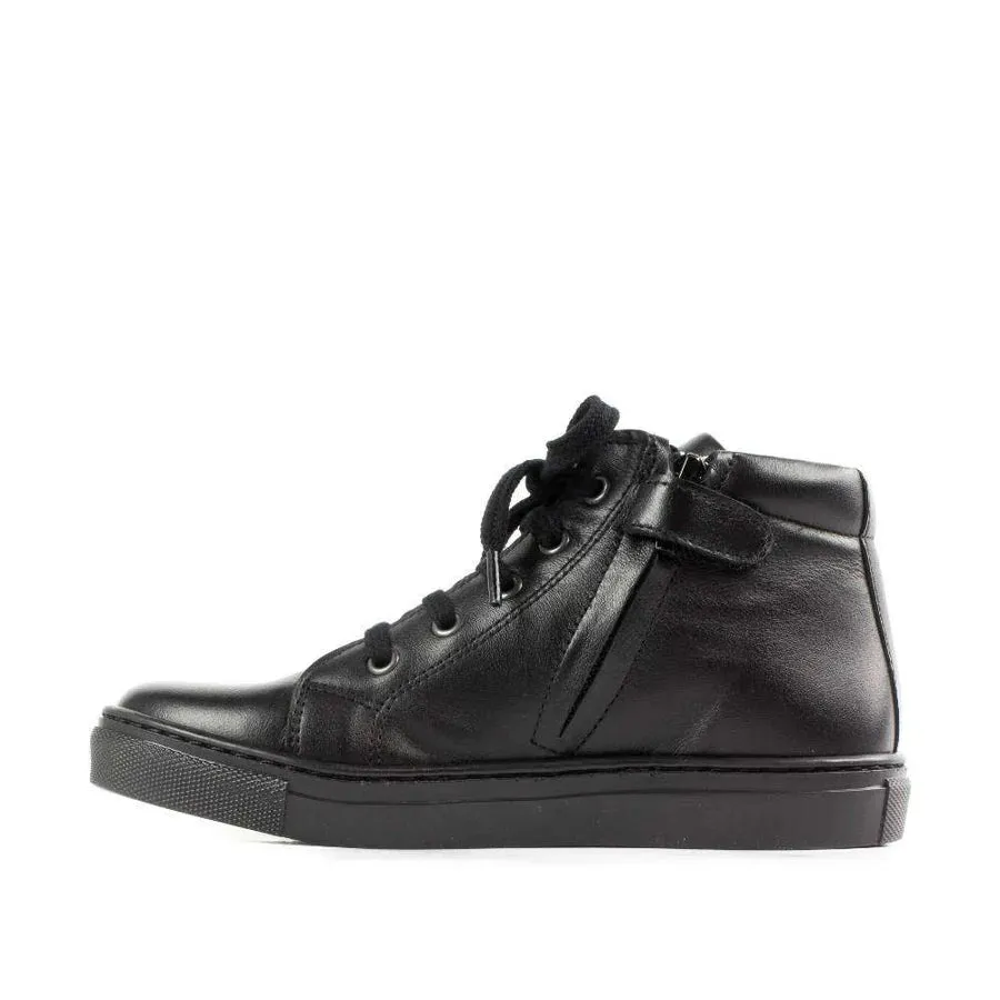 Petasil: Bottines d'école à lacets avec fermeture éclair - Cuir noir