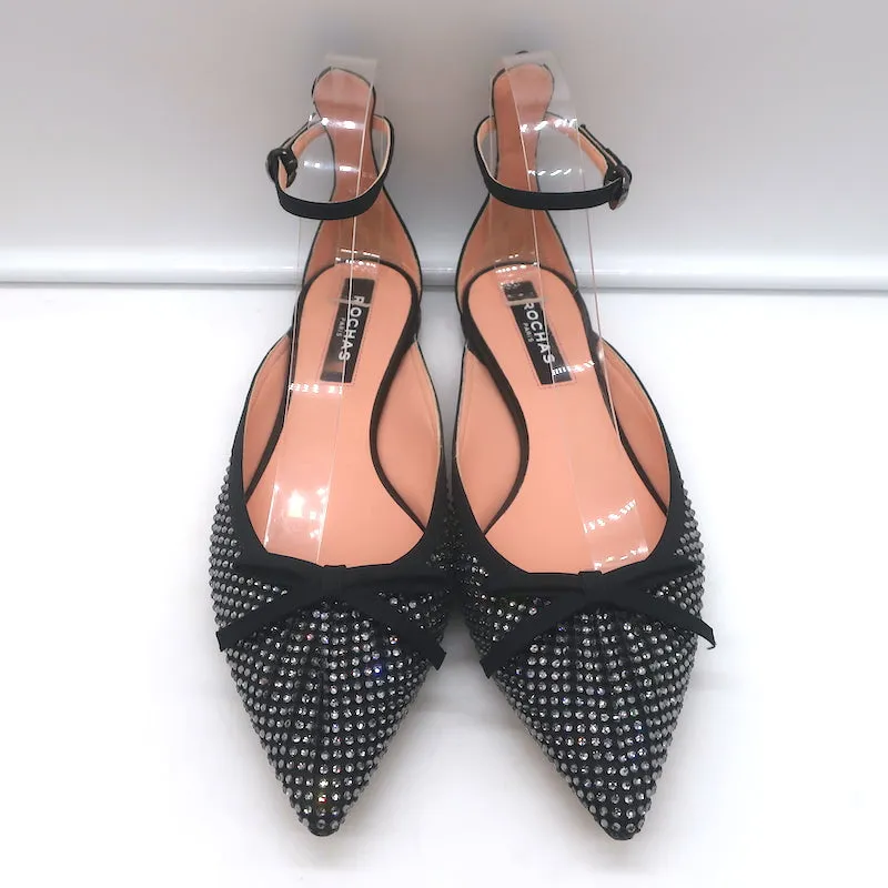Rochas Escarpins à bride cheville ornés de strass et nœud en satin noir taille 38.5
