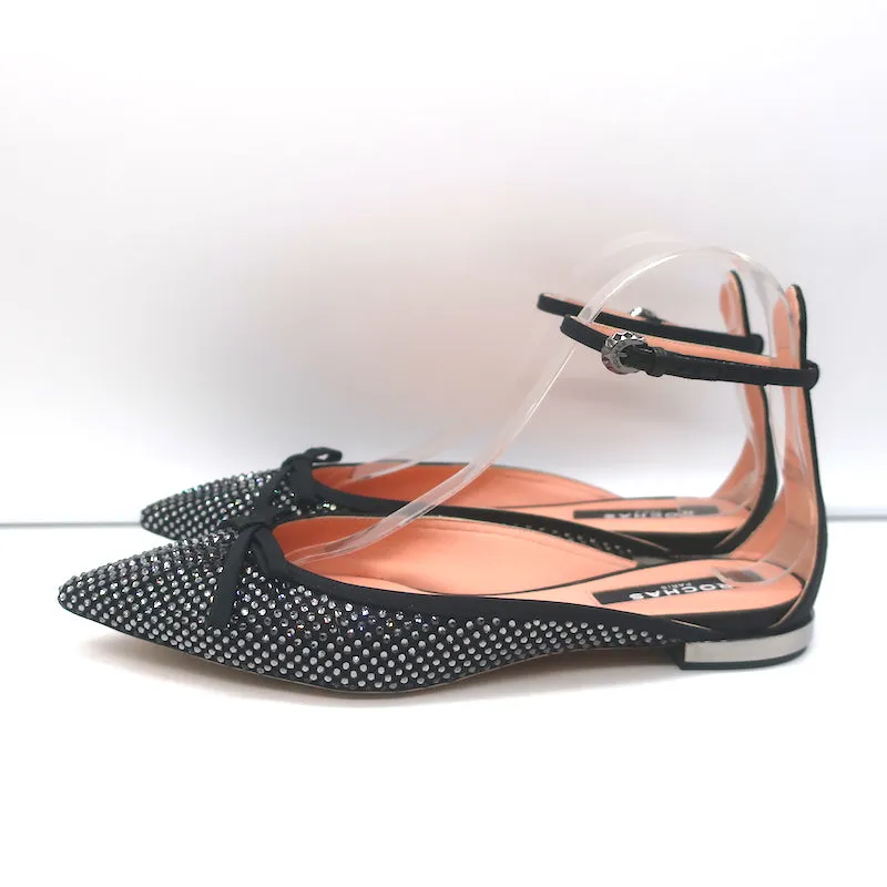 Rochas Escarpins à bride cheville ornés de strass et nœud en satin noir taille 38.5