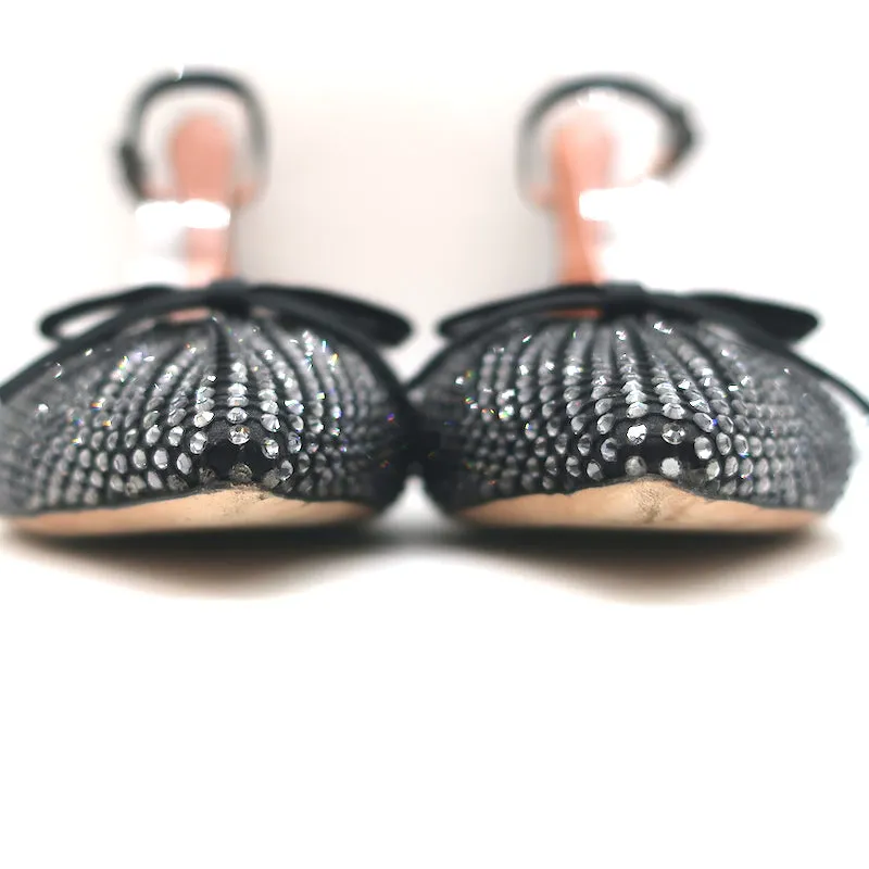 Rochas Escarpins à bride cheville ornés de strass et nœud en satin noir taille 38.5
