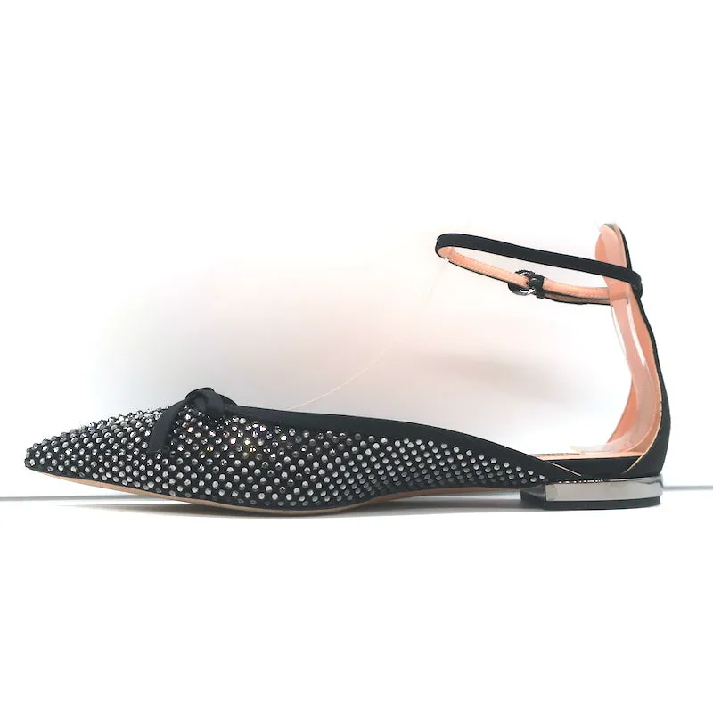 Rochas Escarpins à bride cheville ornés de strass et nœud en satin noir taille 38.5