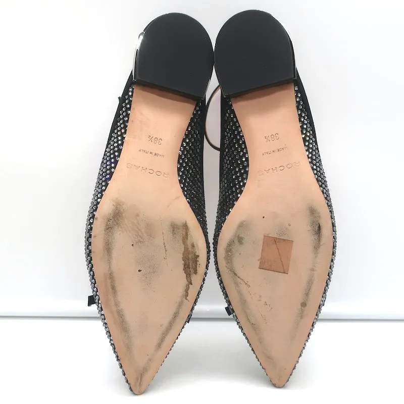 Rochas Escarpins à bride cheville ornés de strass et nœud en satin noir taille 38.5