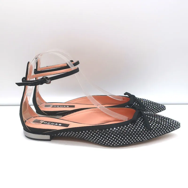 Rochas Escarpins à bride cheville ornés de strass et nœud en satin noir taille 38.5