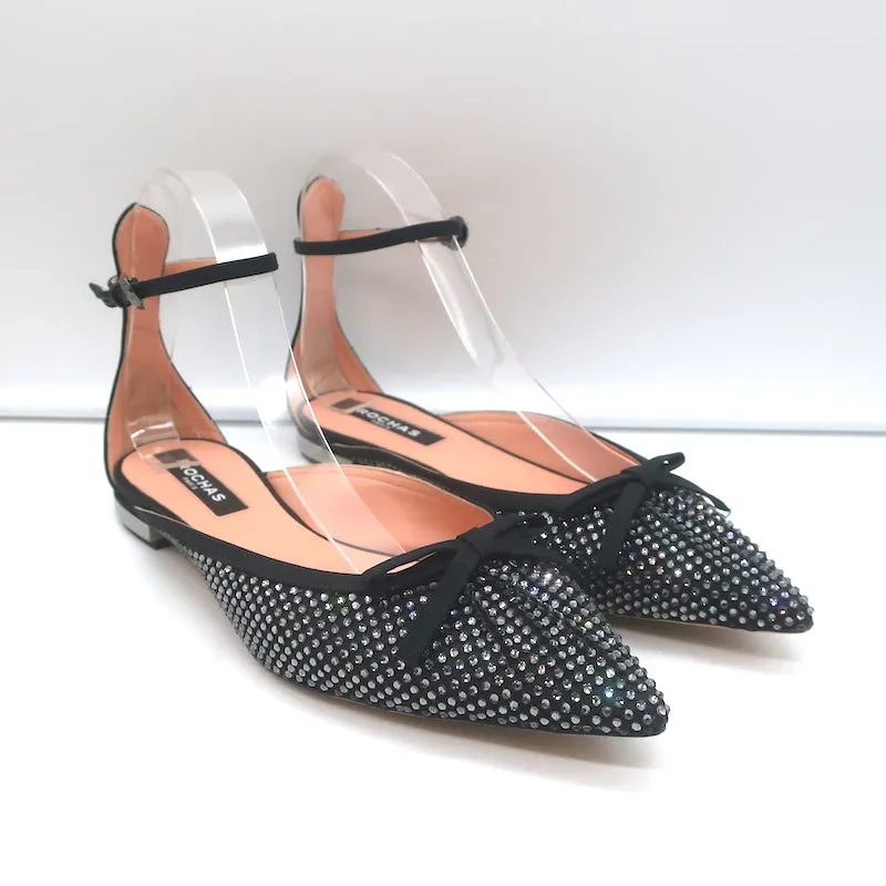 Rochas Escarpins à bride cheville ornés de strass et nœud en satin noir taille 38.5