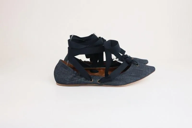 Tomas Maier Escarpins à Lacets Denim Bleu Foncé Taille 8.5 Nouveau avec Enroulement de Cheville et Bout Pointu