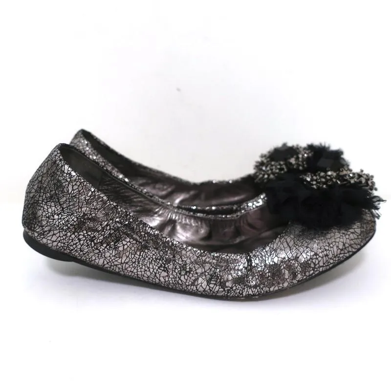 Tory Burch Ballerines Scrunch Amelia en cuir argenté ornées de cristaux Taille 8