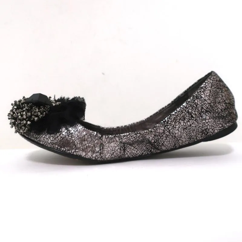 Tory Burch Ballerines Scrunch Amelia en cuir argenté ornées de cristaux Taille 8