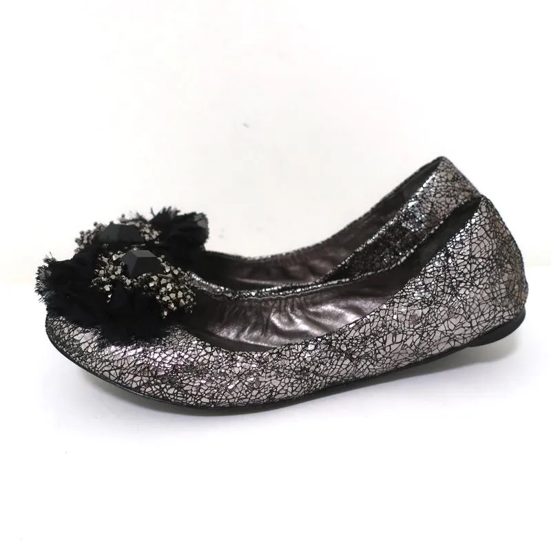 Tory Burch Ballerines Scrunch Amelia en cuir argenté ornées de cristaux Taille 8