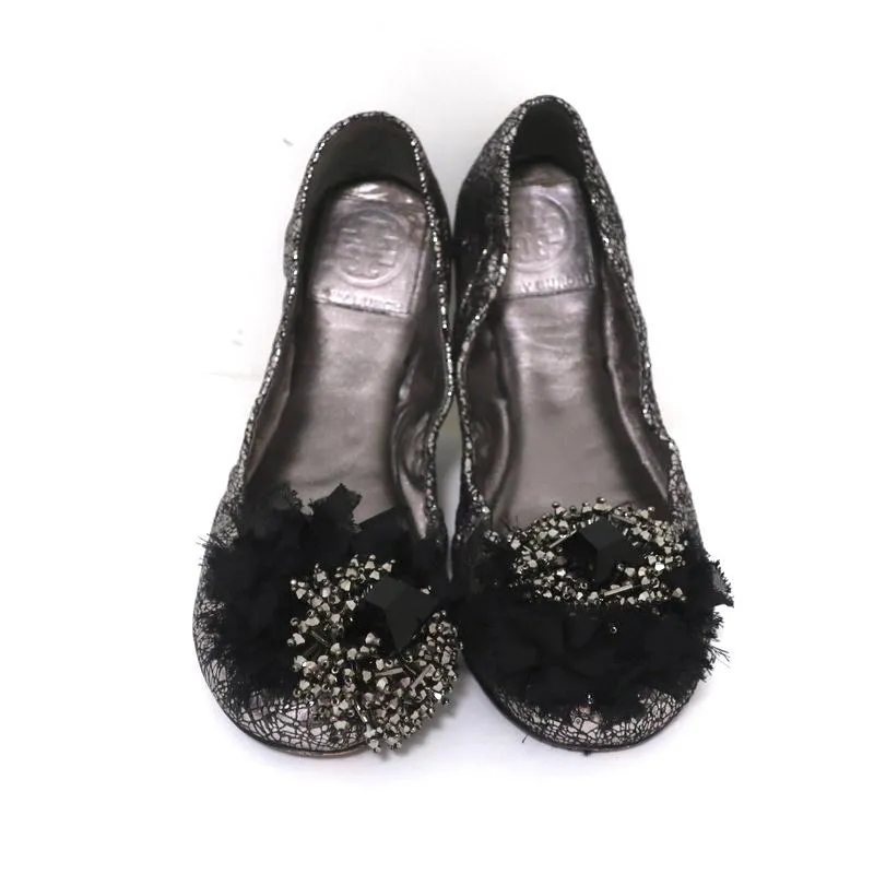 Tory Burch Ballerines Scrunch Amelia en cuir argenté ornées de cristaux Taille 8