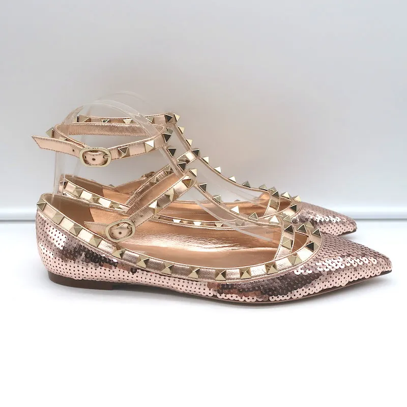 Valentino Escarpins à sequins Rockstud cagés Rose or métallisé Taille 39 NEUF