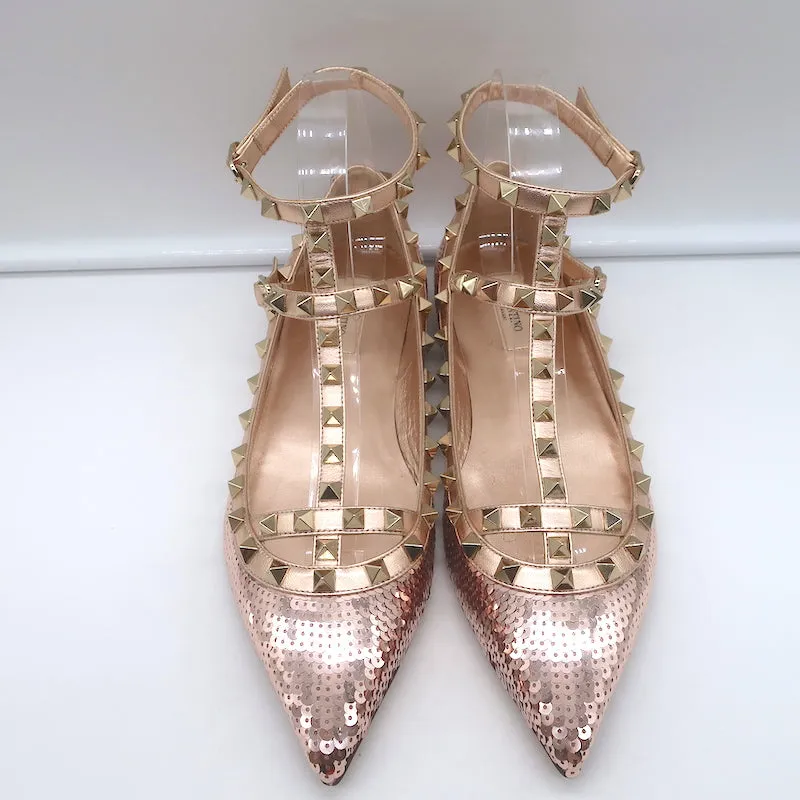 Valentino Escarpins à sequins Rockstud cagés Rose or métallisé Taille 39 NEUF