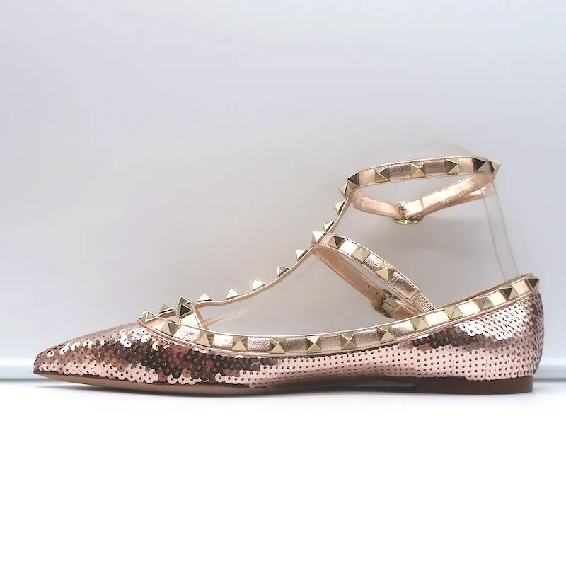 Valentino Escarpins à sequins Rockstud cagés Rose or métallisé Taille 39 NEUF