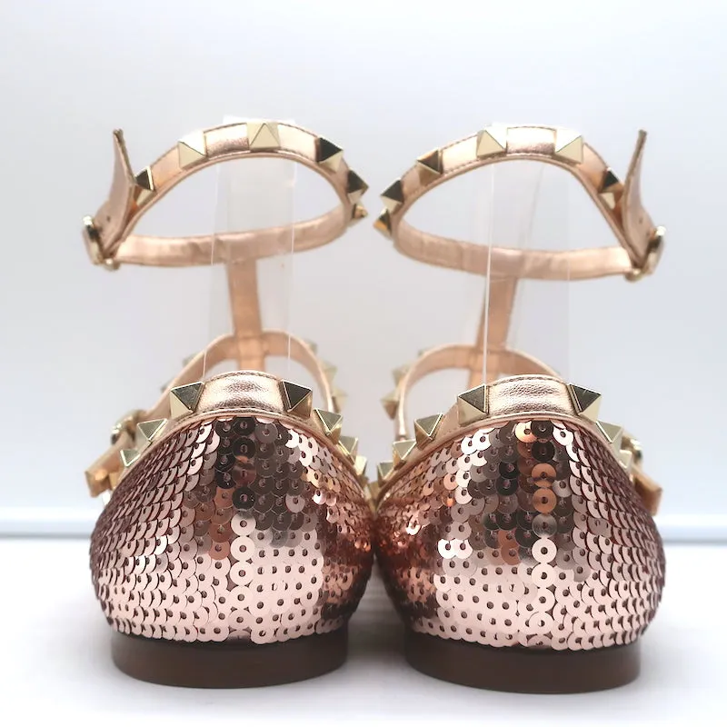 Valentino Escarpins à sequins Rockstud cagés Rose or métallisé Taille 39 NEUF