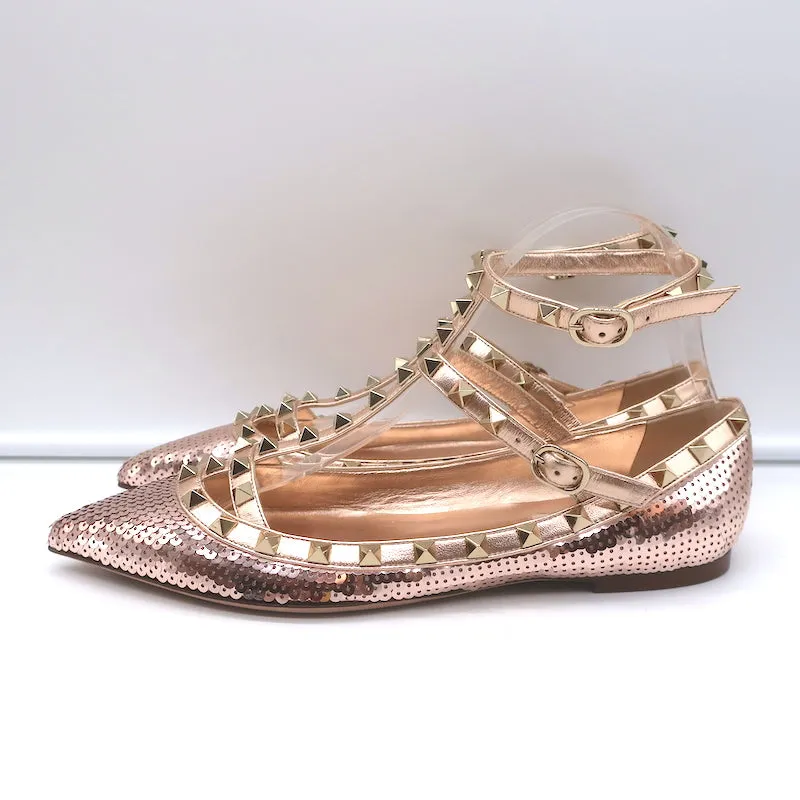 Valentino Escarpins à sequins Rockstud cagés Rose or métallisé Taille 39 NEUF