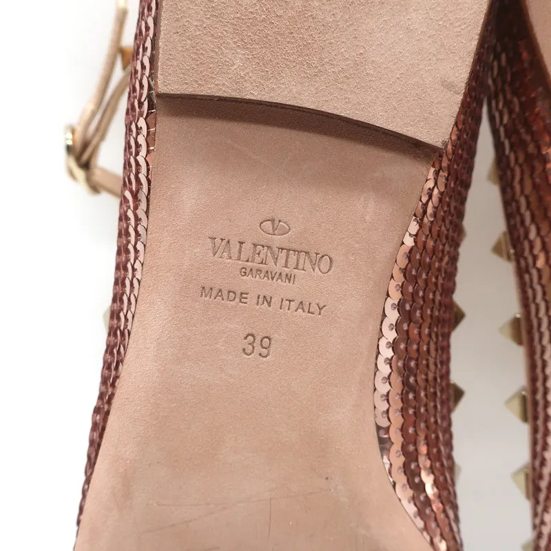 Valentino Escarpins à sequins Rockstud cagés Rose or métallisé Taille 39 NEUF
