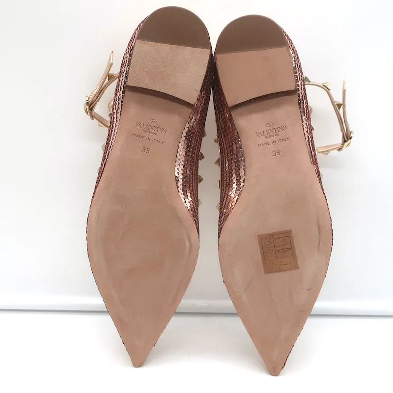 Valentino Escarpins à sequins Rockstud cagés Rose or métallisé Taille 39 NEUF