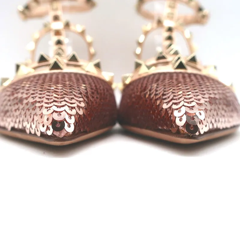 Valentino Escarpins à sequins Rockstud cagés Rose or métallisé Taille 39 NEUF