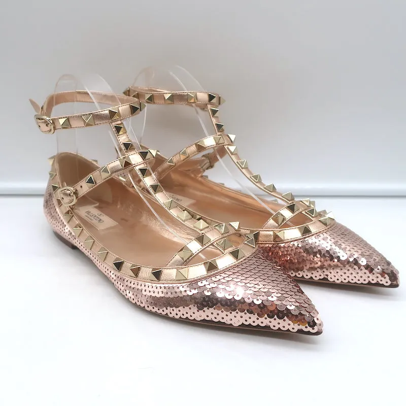 Valentino Escarpins à sequins Rockstud cagés Rose or métallisé Taille 39 NEUF